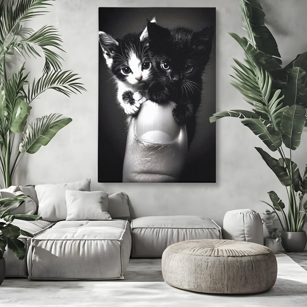 Tablou canvas cu tablou canvas cu doi pisoi mici agatati de un deget, fara rama, pe sasiu de lemn, pe perete intr-un living